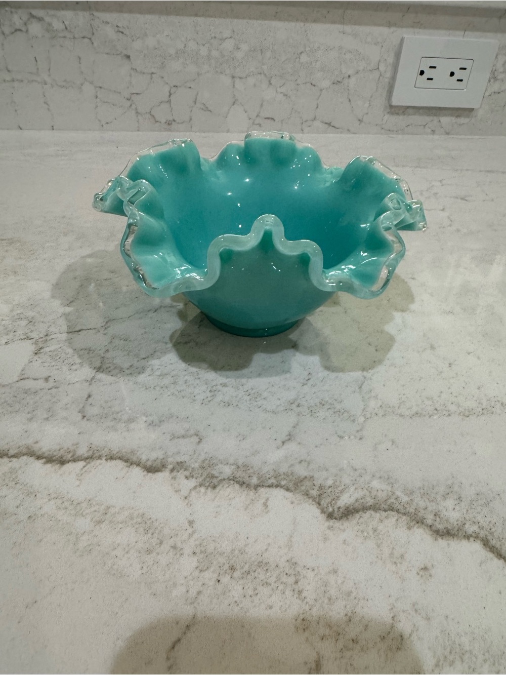 vintage Fenton turquoise (or aqua) milk glass bowl featuring a ruffled